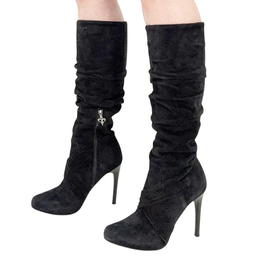 Donald J Pliner ETTA black leather suede BOOTS women's 7M knee high heels ruched