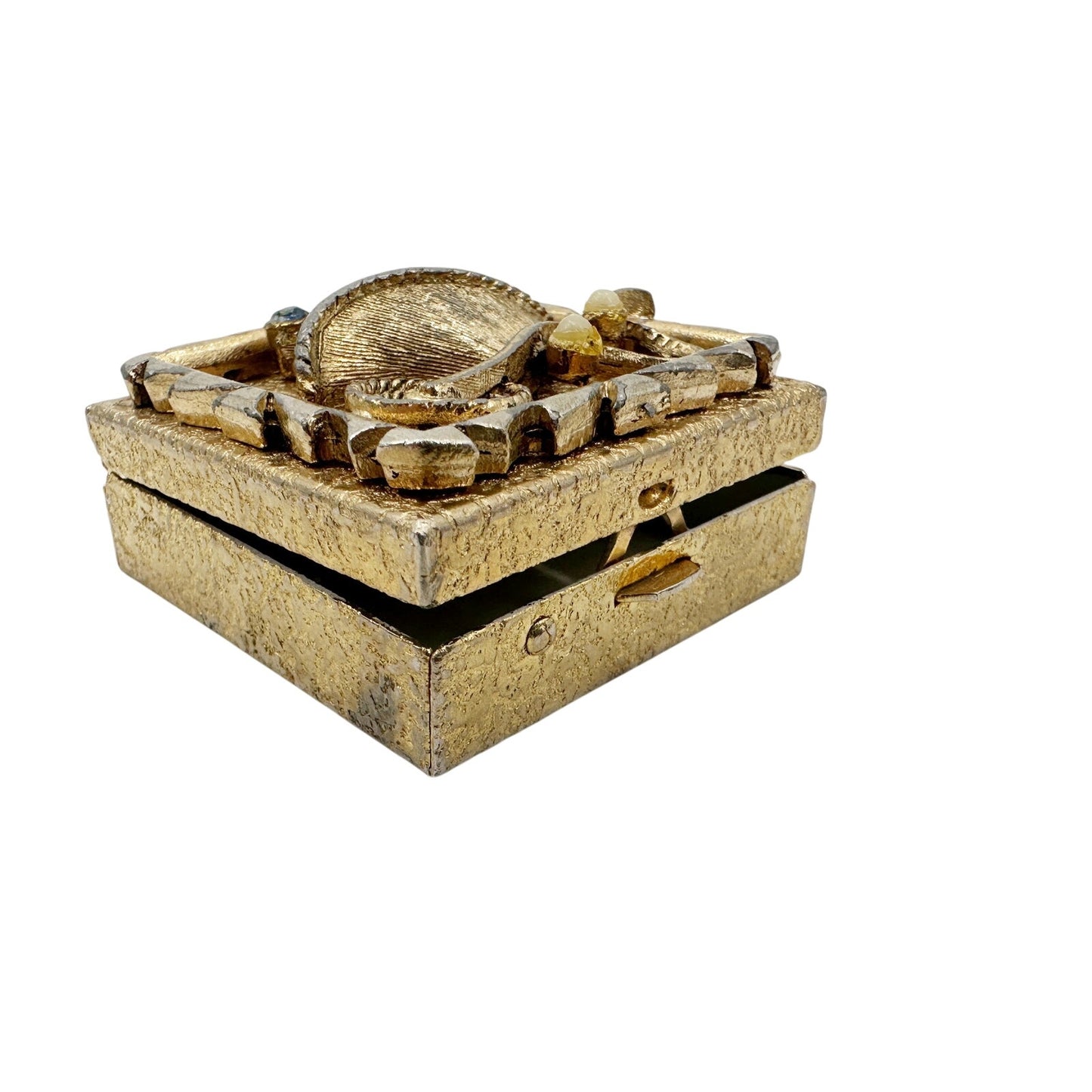 vintage gold tone metal Pill Box small size 1.5" square wheelbarrow & flowers