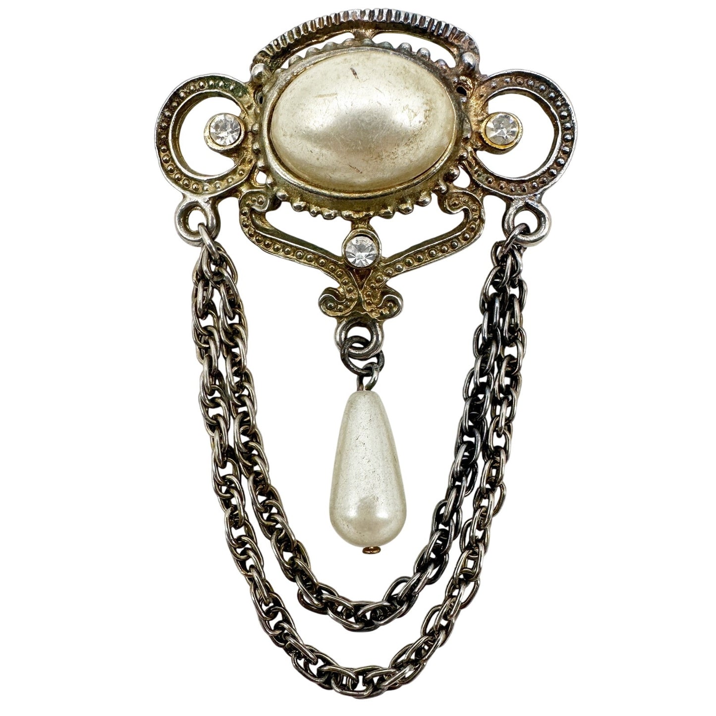 vintage silver metal rhinestones faux pearls BROOCH chain jewelry pin