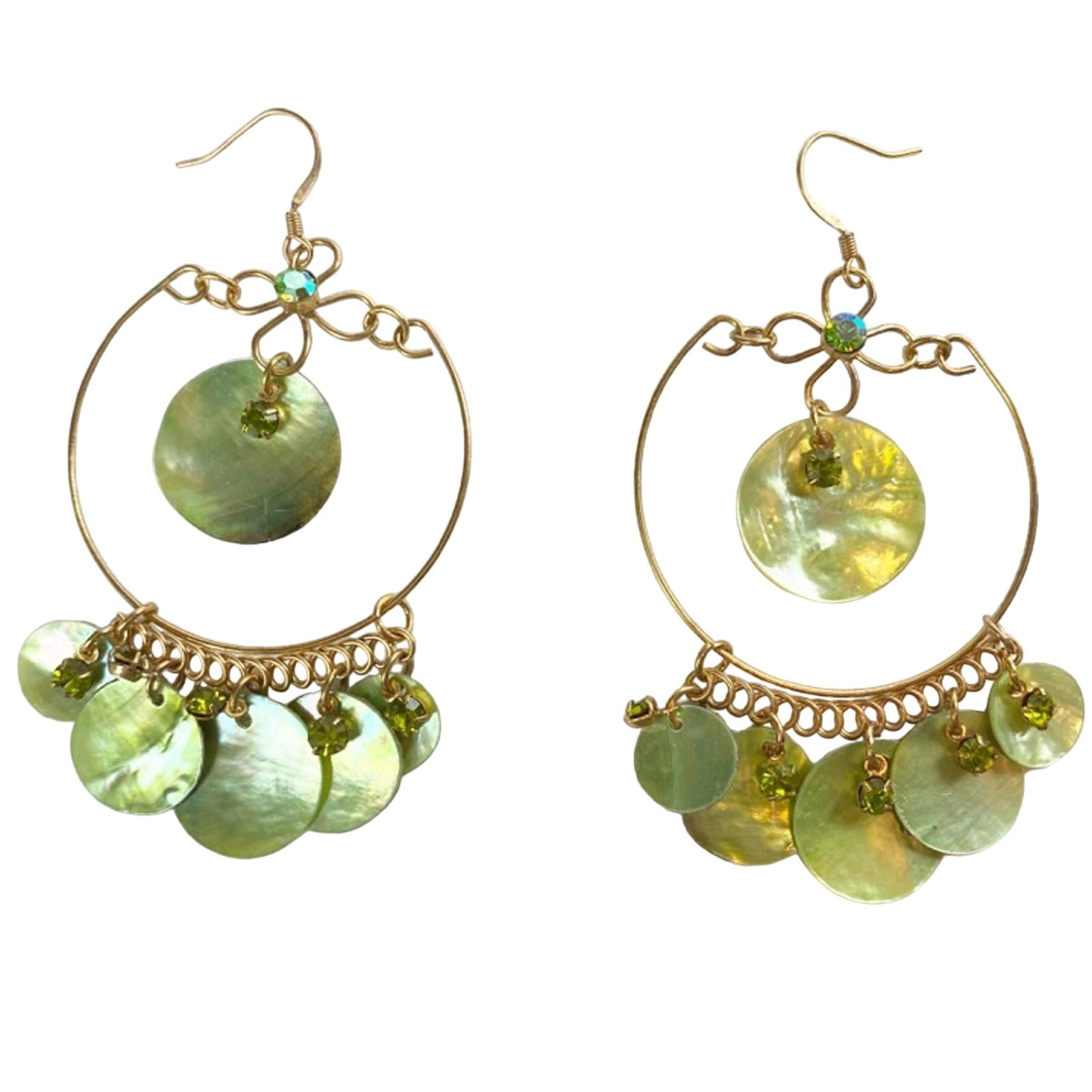 vintage BOHO gold green shimmer shells rhinestones hook dangle EARRINGS jewelry