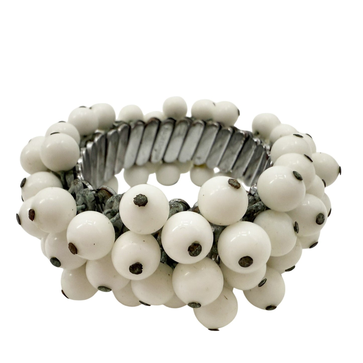 white beaded stretch BRACELET vintage costume jewelry silver metal Made in Japan