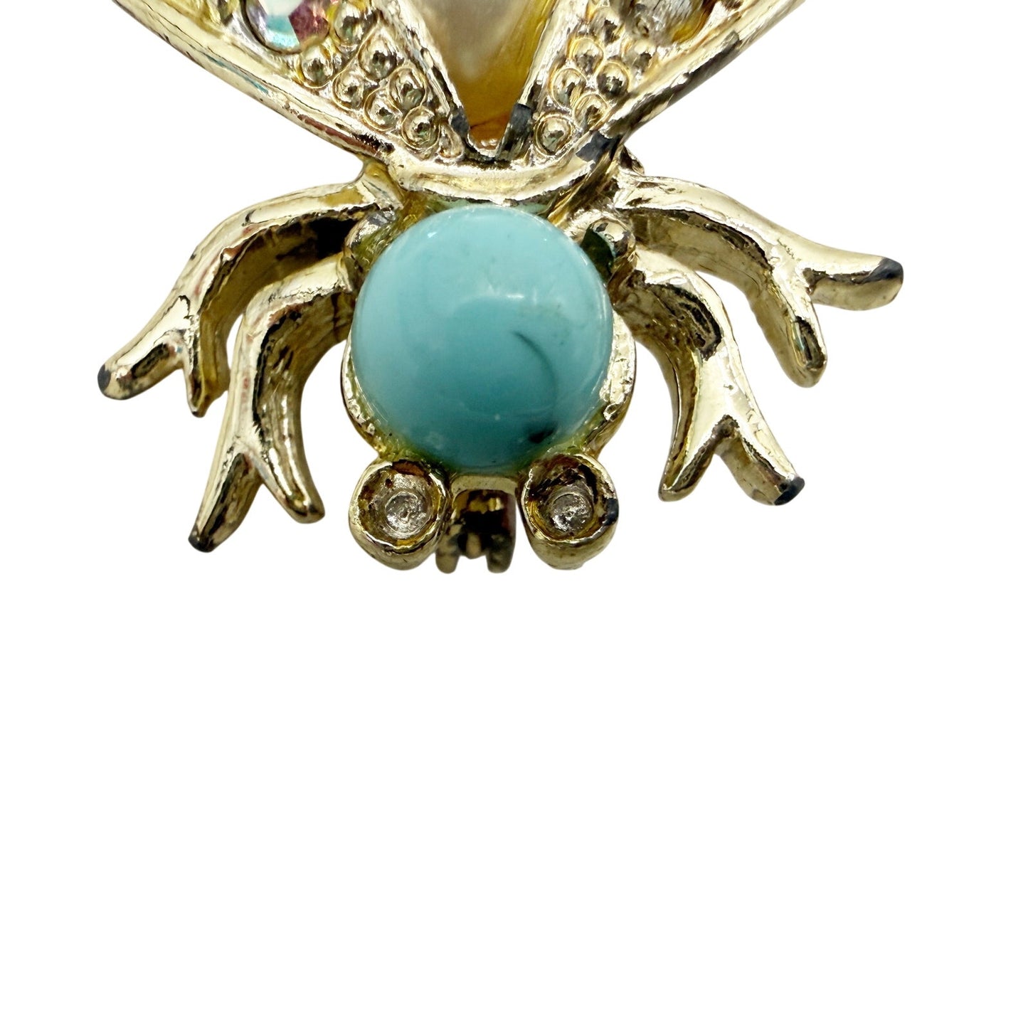 vintage aqua cabochon rhinestones gold Fly Bug BROOCH insect costume jewelry pin