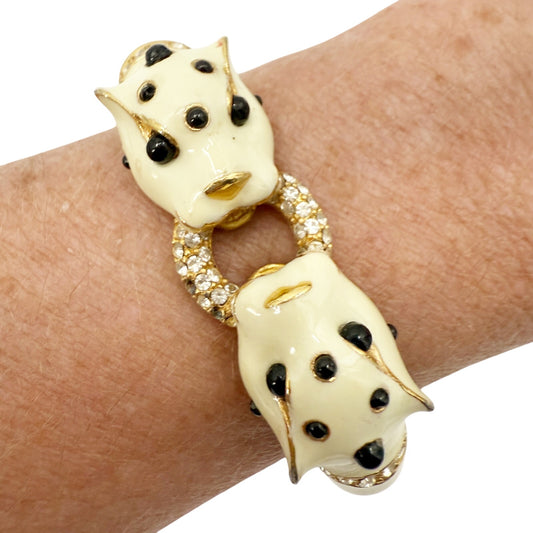 vintage Ciner double panther heads cream Enamel Bangle bracelet costume jewelry