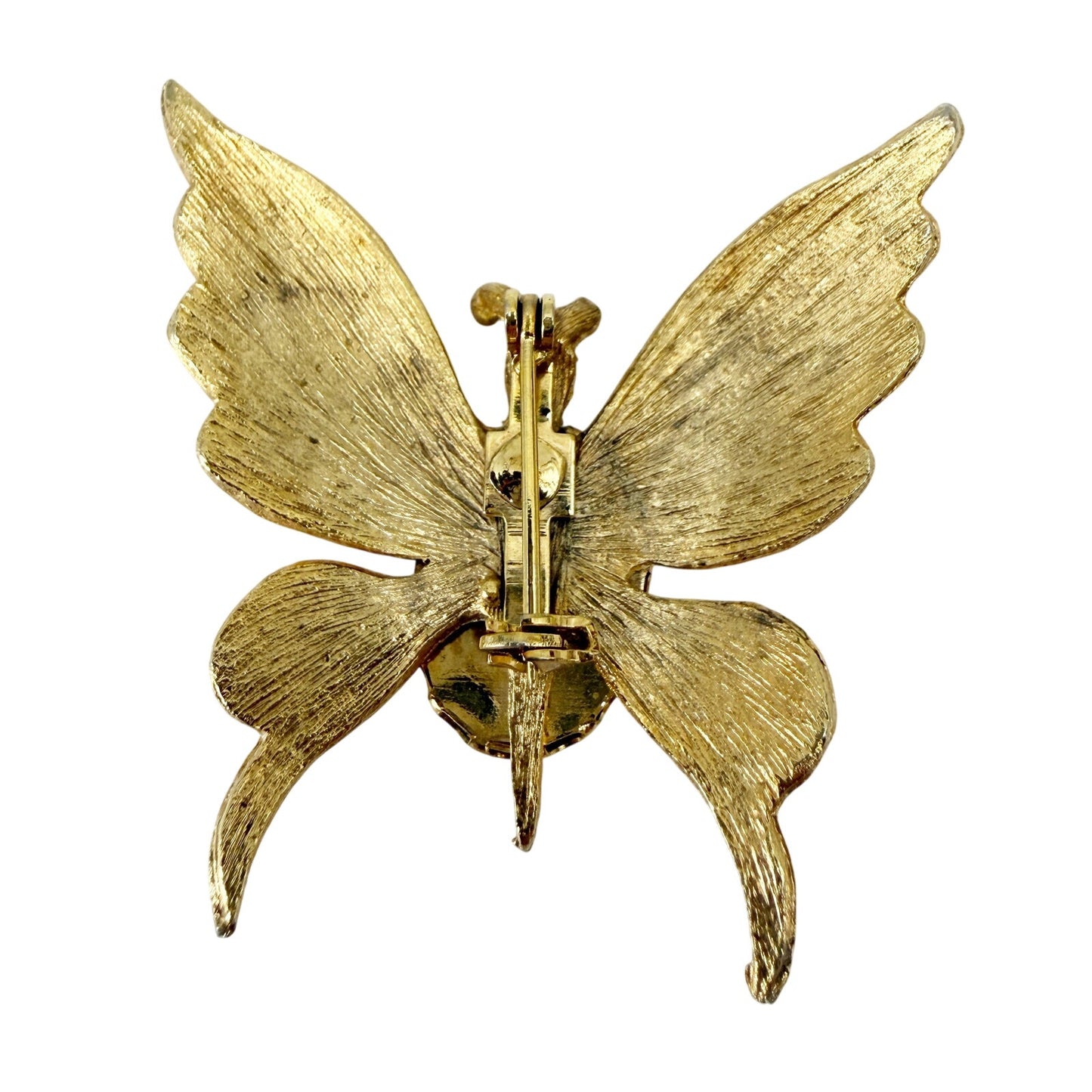 vintage gold & brown stone body Butterfly BROOCH insect jewelry pin green gems