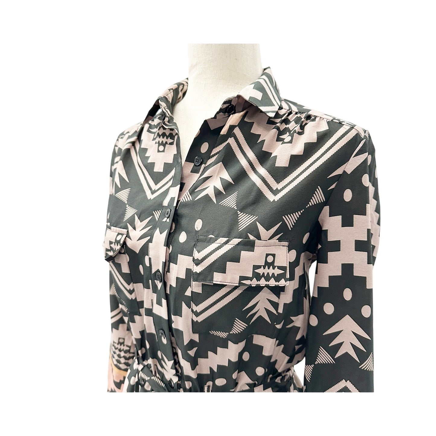 Collective Concepts black gray pink Shirt Dress geometric women's SMALL tie belt