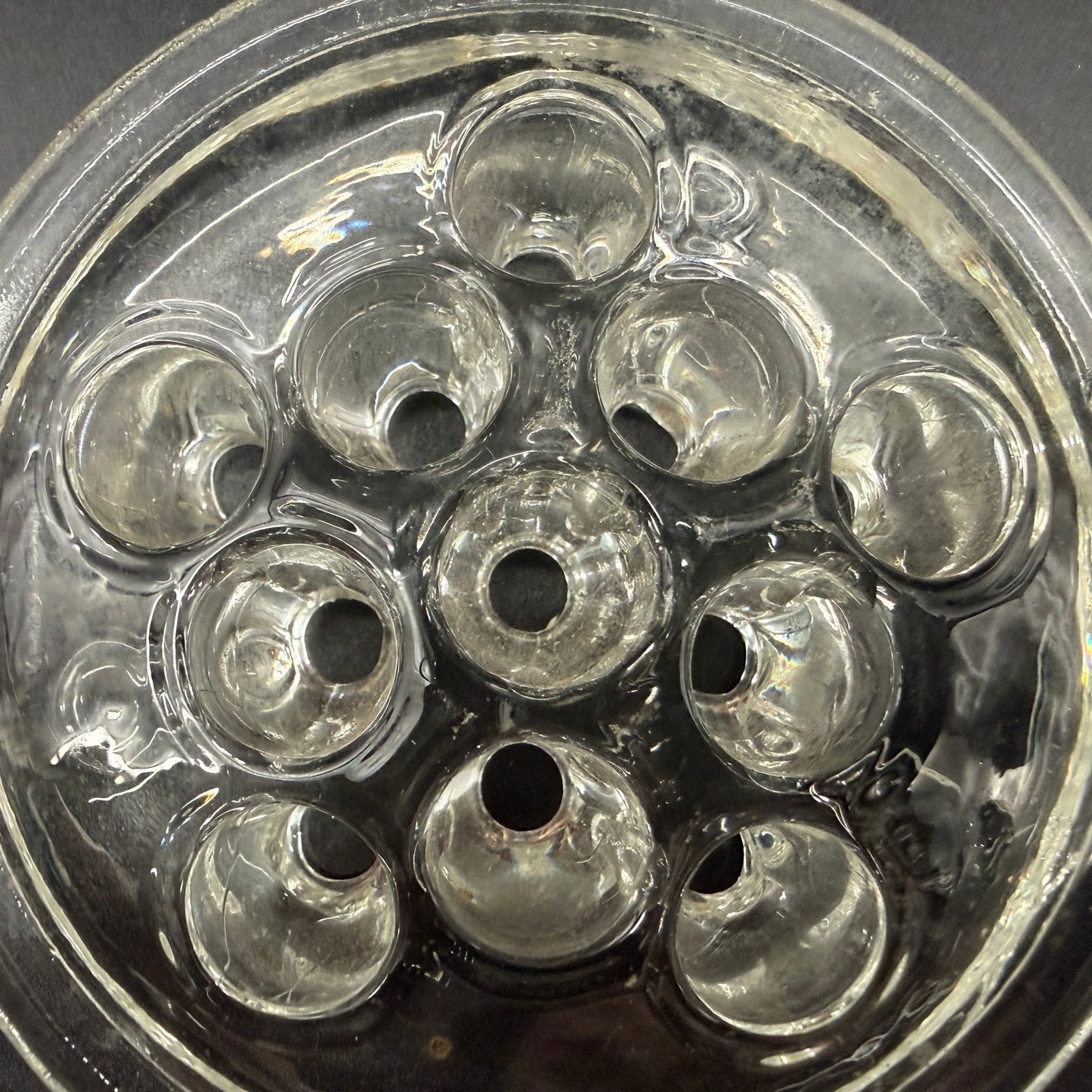 vintage 3.5" clear glass Flower Frog with 11 stem holes for floral arrangements