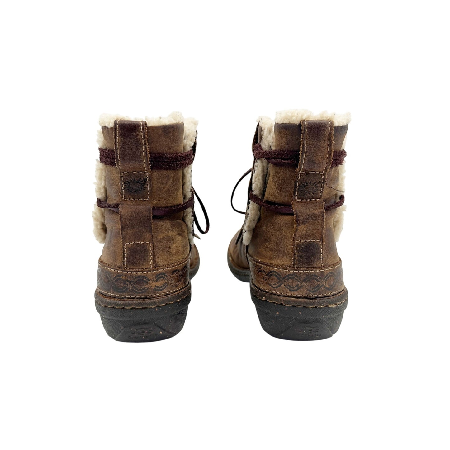 UGG brown leather wraparound tie ankle BOOTS women's 7 winter shoes sheepskin