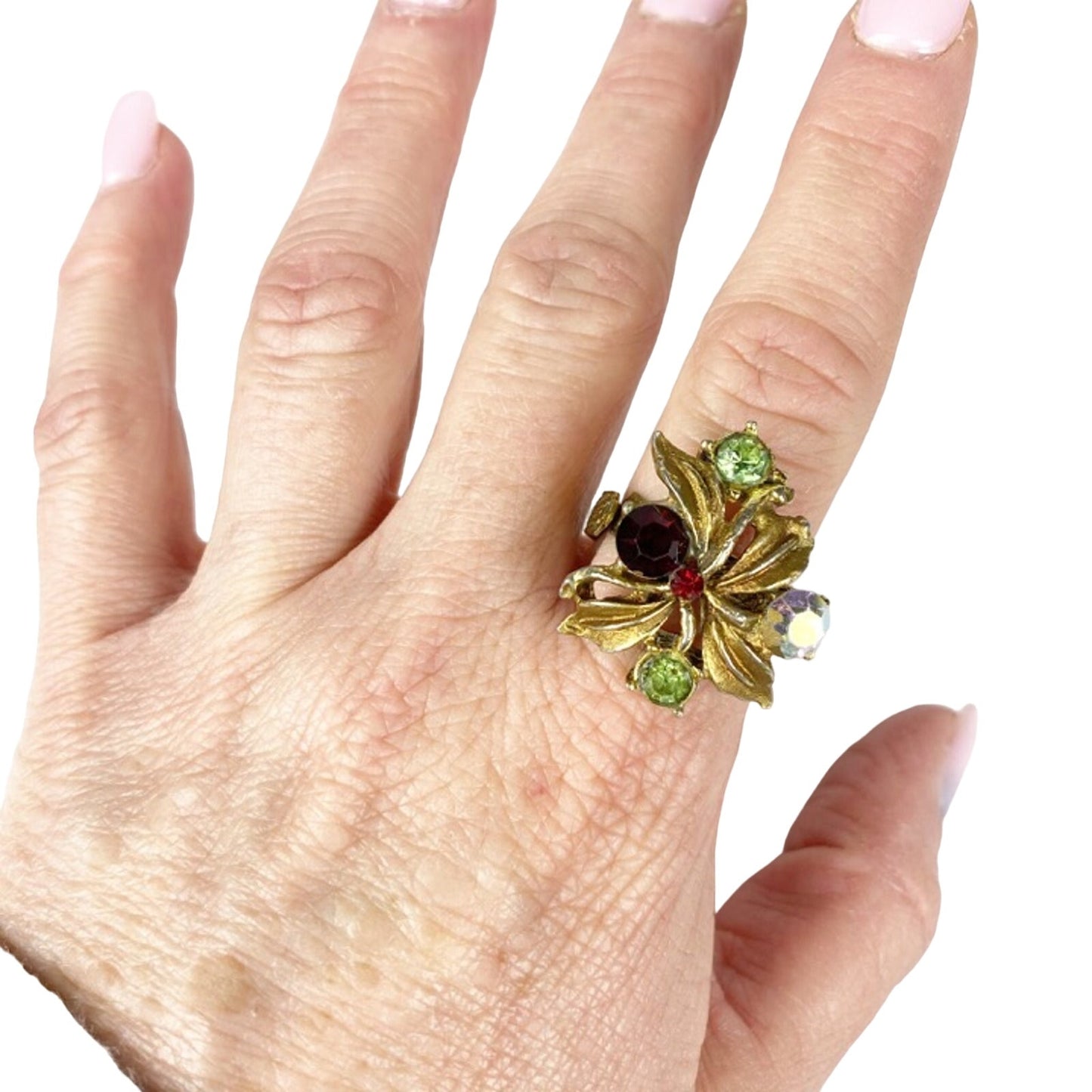 vintage floral gold tone metal RING red & green rhinestones adjustable band