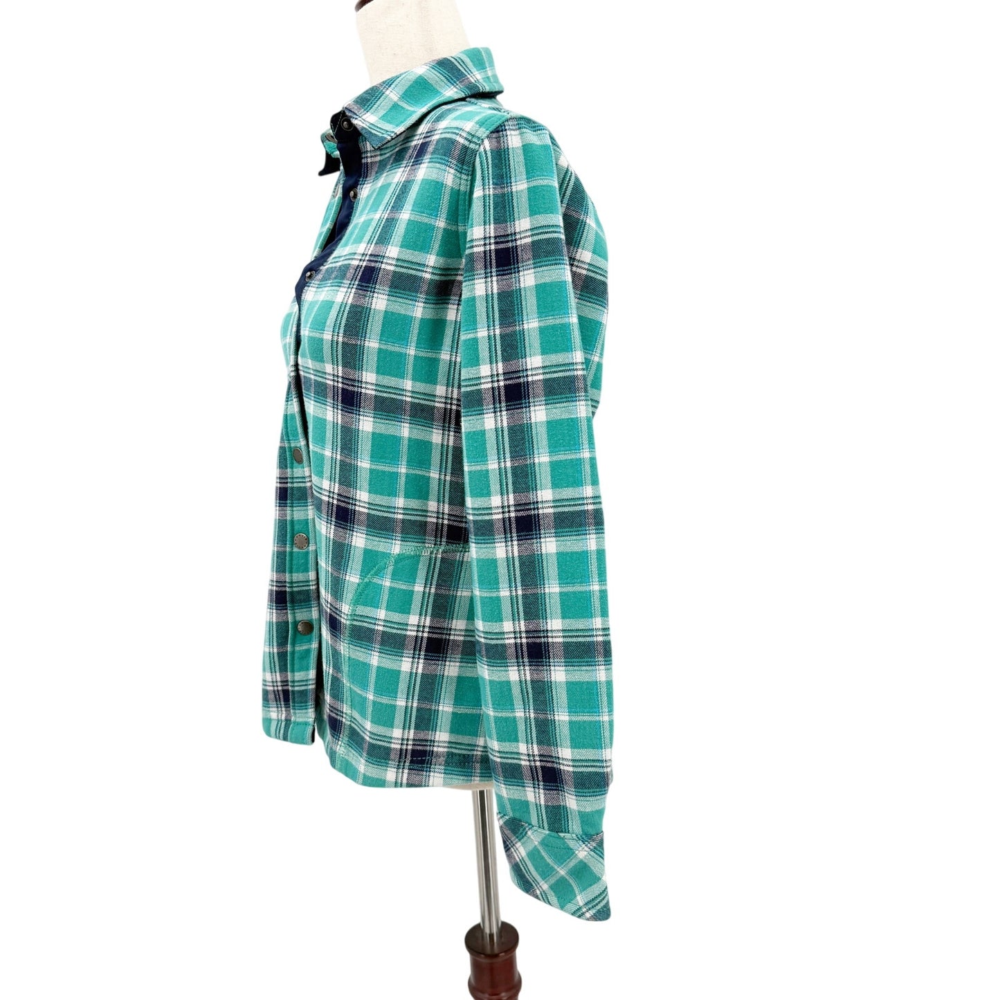 Orvis turquoise & blue plaid Flannel Lined Shirt Jacket women's SMALL snap front
