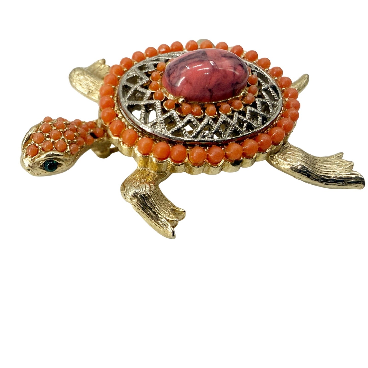 vintage orange gold pink Turtle BROOCH costume jewelry pin green rhinestone eyes