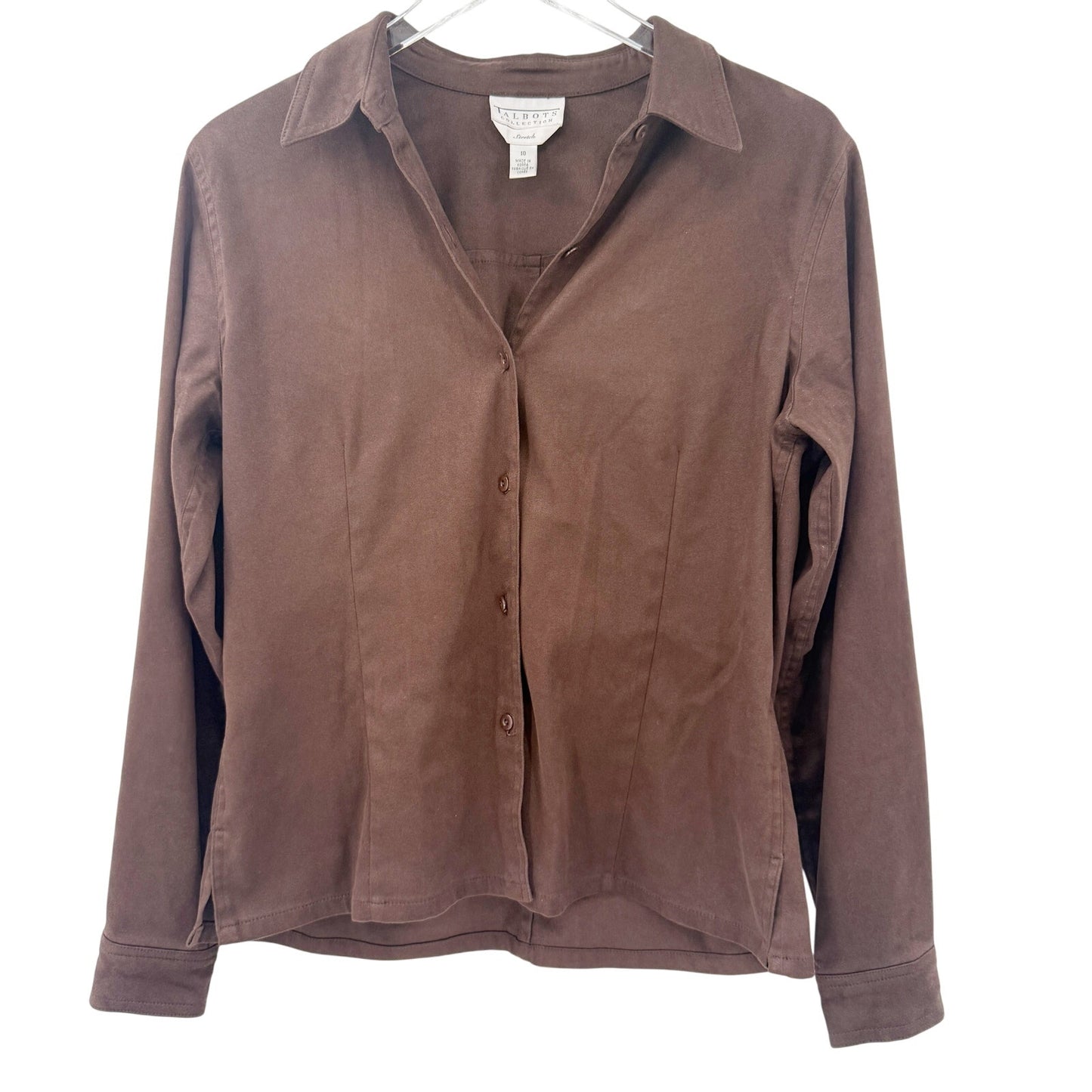 Talbots Collection brown stretch Button Up Top women's 10 large shirt faux suede