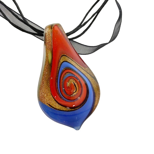 red blue & gold abstract ART black pendant NECKLACE costume jewelry 17" strand
