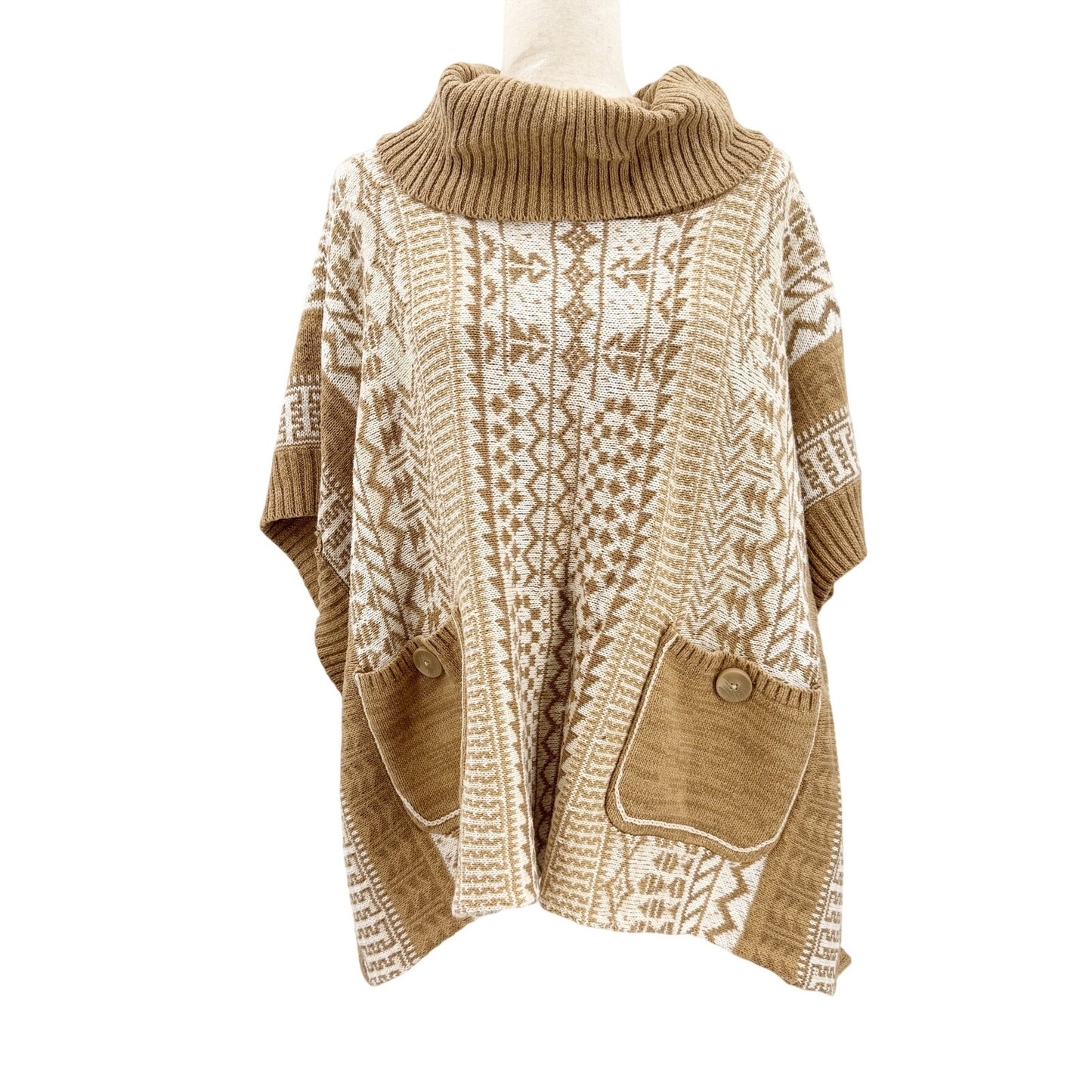 Sharon Young tan & cream geometric Cowl Neck Sweater Poncho women's S / M top