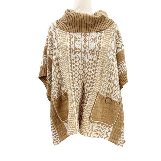 Sharon Young tan & cream geometric Cowl Neck Sweater Poncho women's S / M top