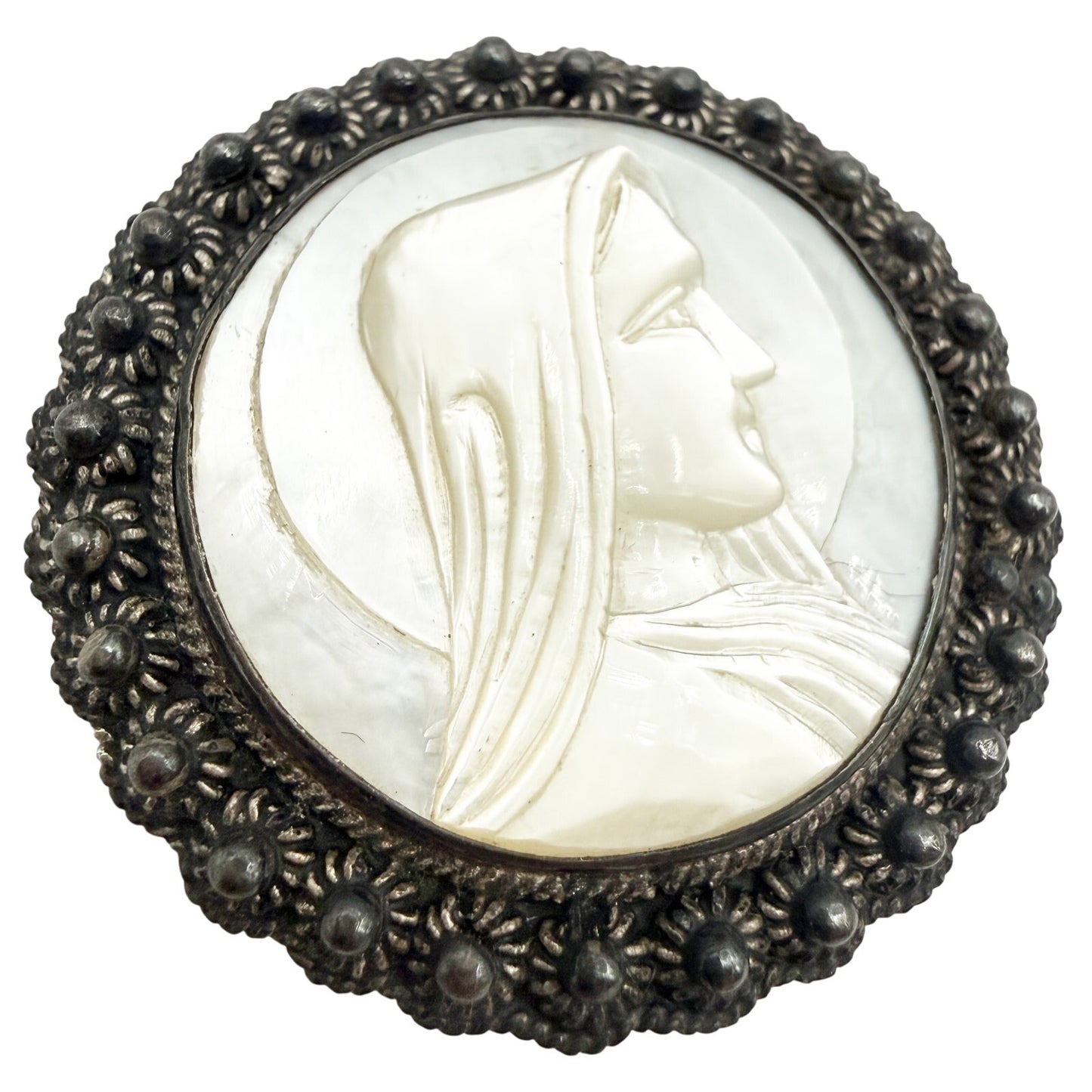 vintage Virgin Mary Mother of Pearl cameo BROOCH religious Jerusalem 935 silver