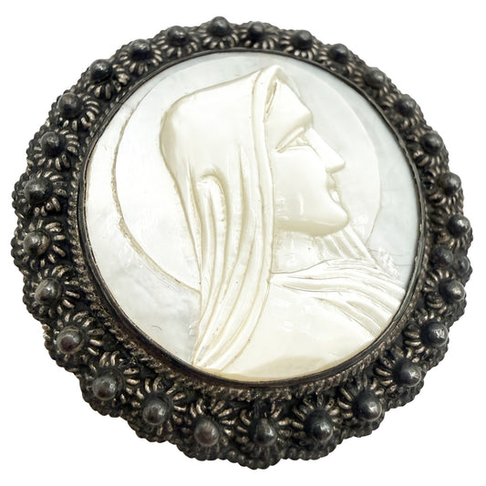vintage Virgin Mary Mother of Pearl cameo BROOCH religious Jerusalem 935 silver