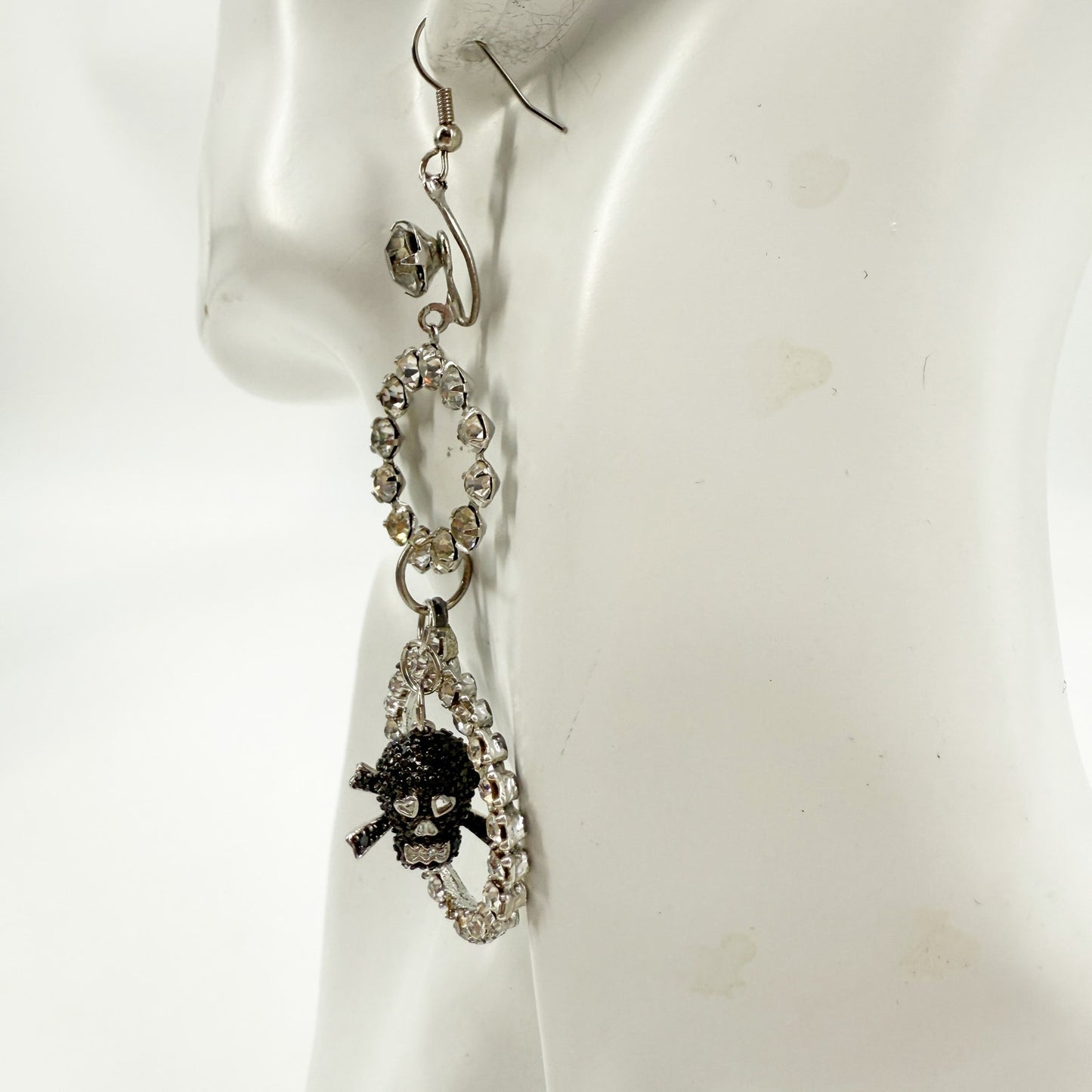 handmade clear Rhinestones & black Skull EARRINGS dangling 3.5" long jewelry