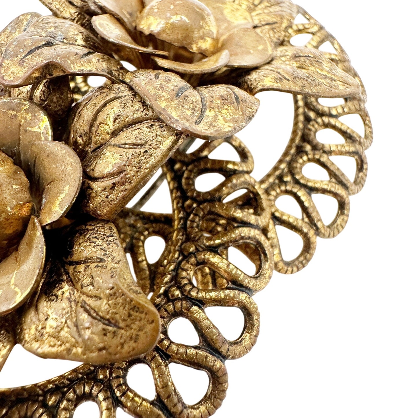 vintage double flowers bronze metal BROOCH floral jewelry pin