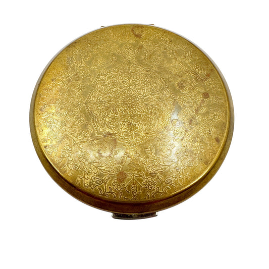 vintage gold tone metal Stratton floral Compact round makeup tray mirror England