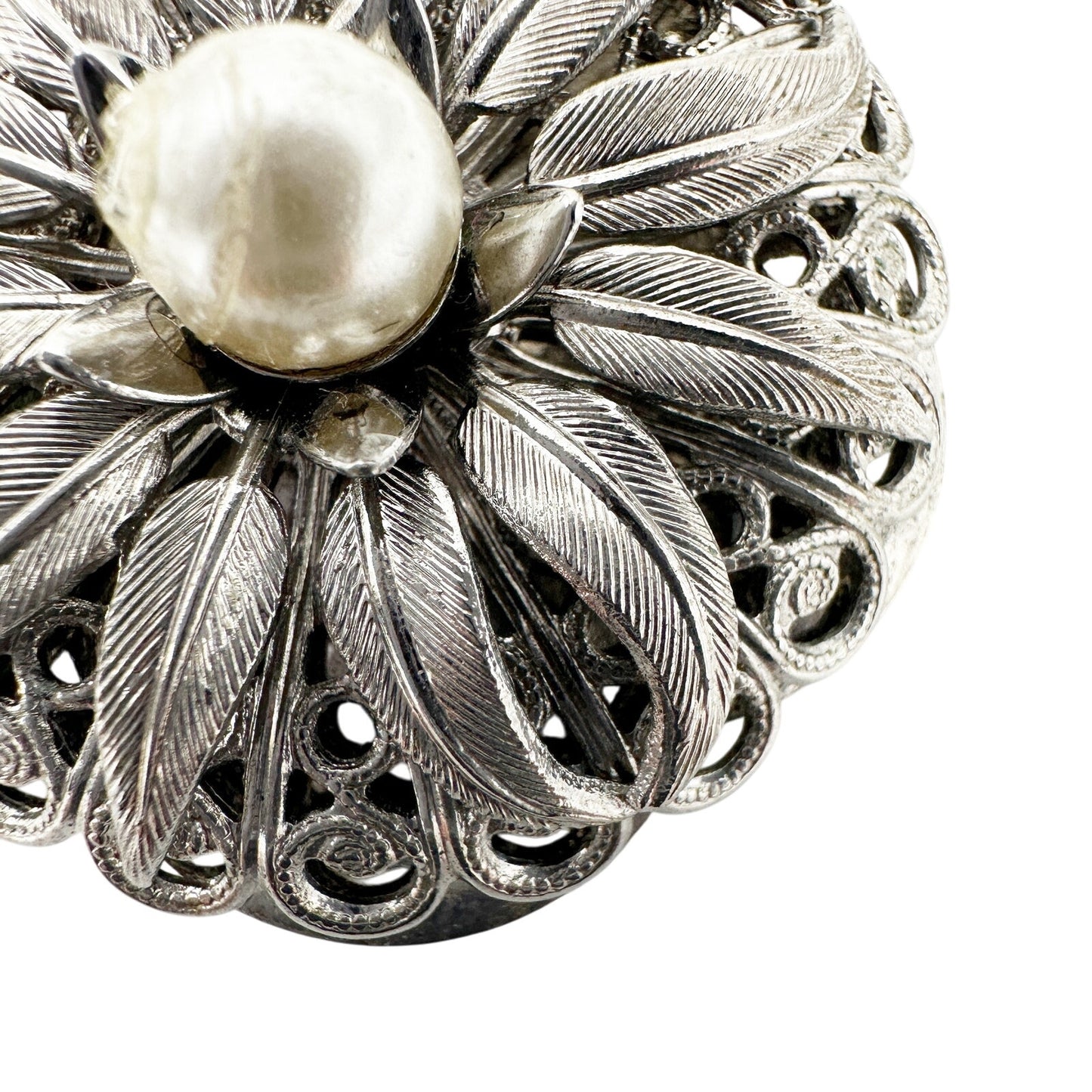 vintage Lieba USA silver & faux pearl Dress Scarf Clip round flower jewelry
