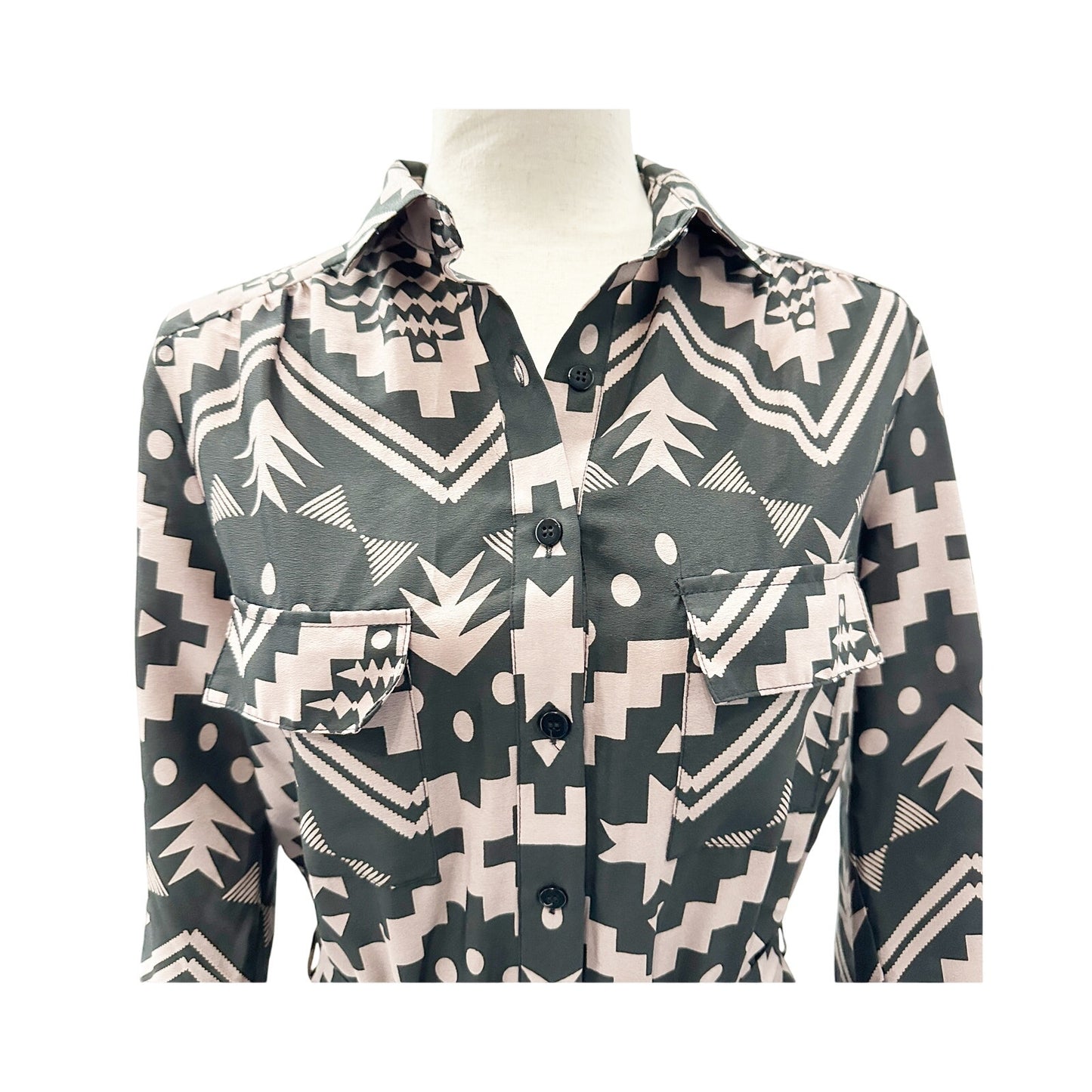 Collective Concepts black gray pink Shirt Dress geometric women's SMALL tie belt