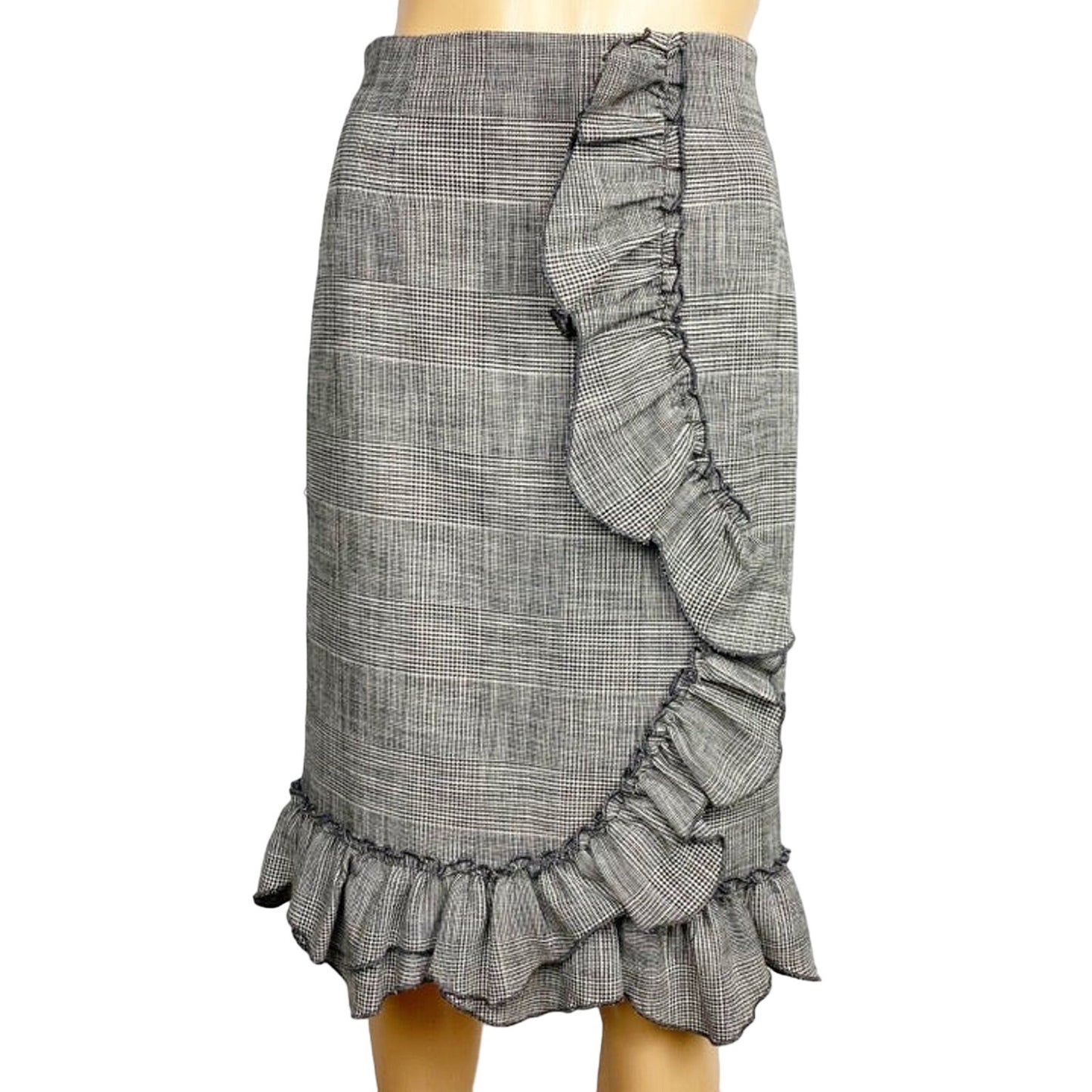 Rebecca Taylor black & white Plaid Ruffle pencil Skirt menswear size 0 new $395
