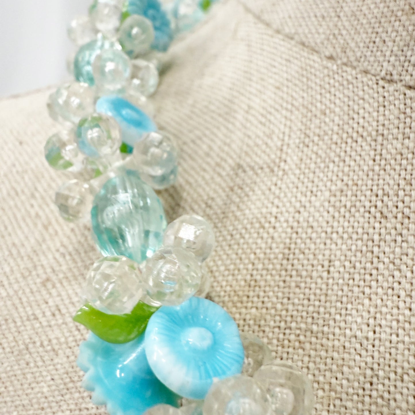 vintage West Germany beaded floral Necklace blue green clear costume jewelry