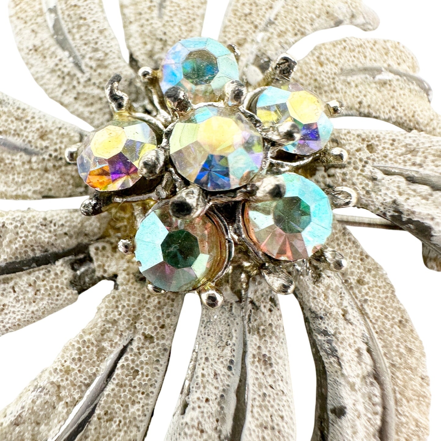 vintage silver & white rhinestones flower BROOCH floral pinwheel jewelry pin