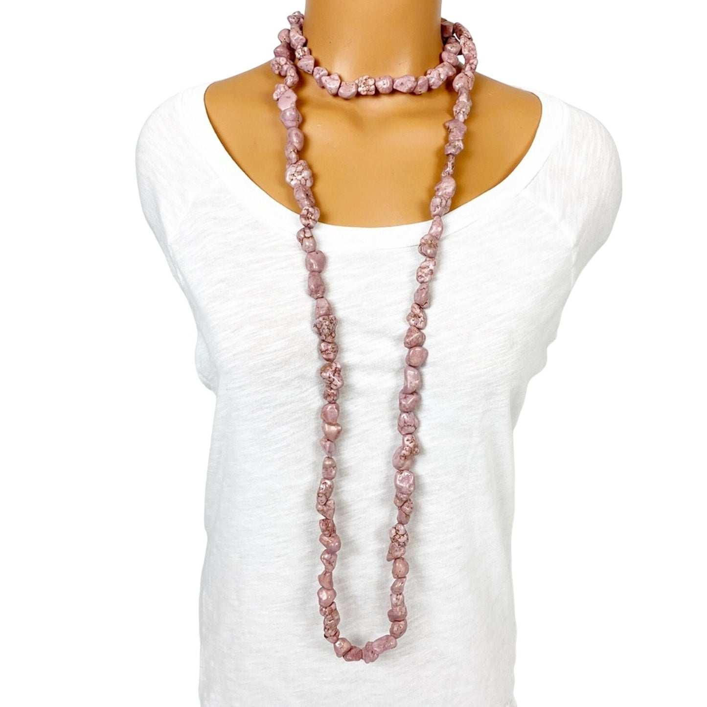 62" long strand of pink turquoise stones NECKLACE statement jewelry