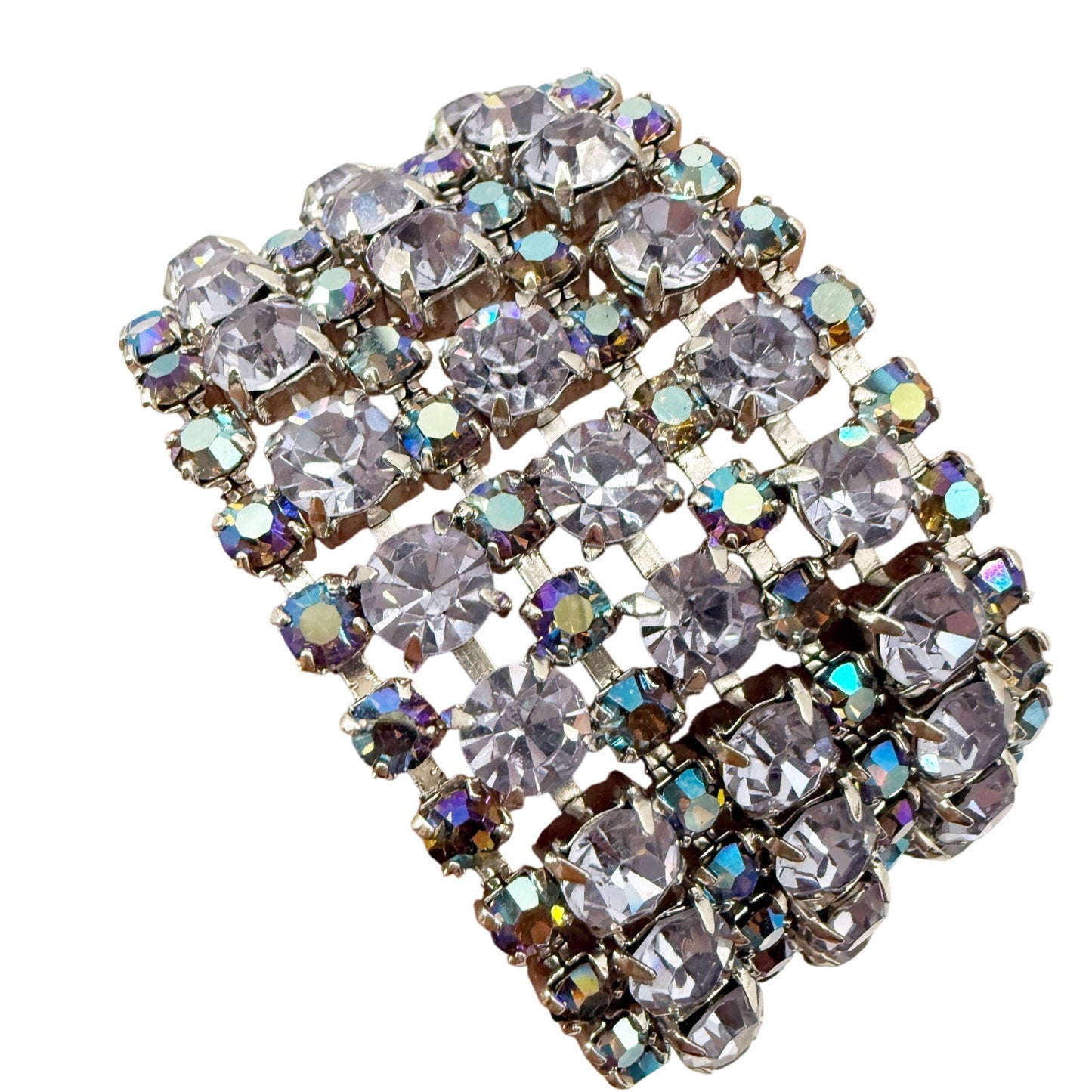 vintage 1.5" wide Rhinestone Bracelet blue iridescent stones women's jewely