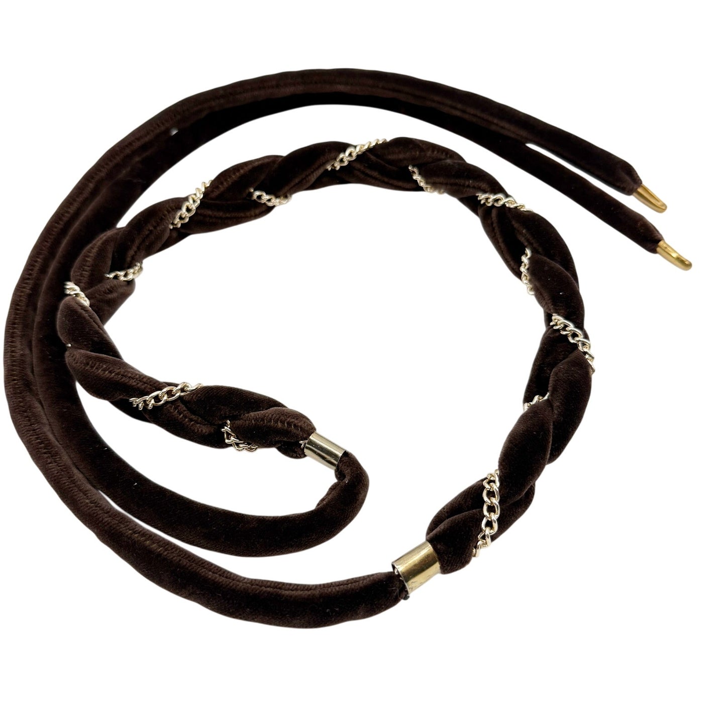 vintage braided brown velvet rope & gold chain Self Tie Belt 68" long accessory