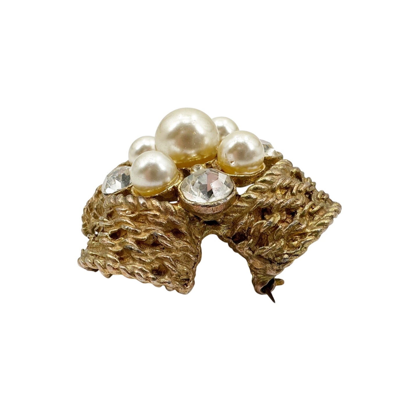 vintage gold faux pearls clear rhinestones BROOCH jewelry pin