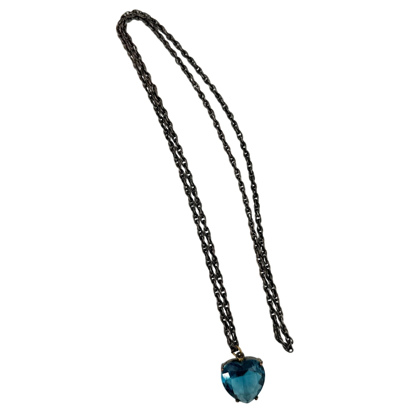 vintage dark metal chain link Necklace blue Heart Rhinestone Pendant jewelry
