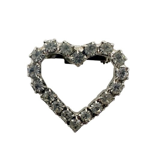 vintage small outline of heart silver & clear rhinestones BROOCH jewelry pin