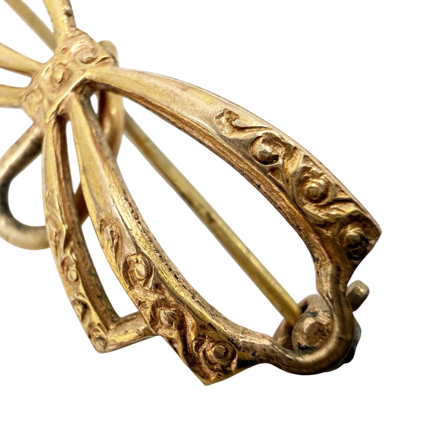 vintage 10K gold filled Engraved Bow BROOCH costume jewelry MCM ribbon pin