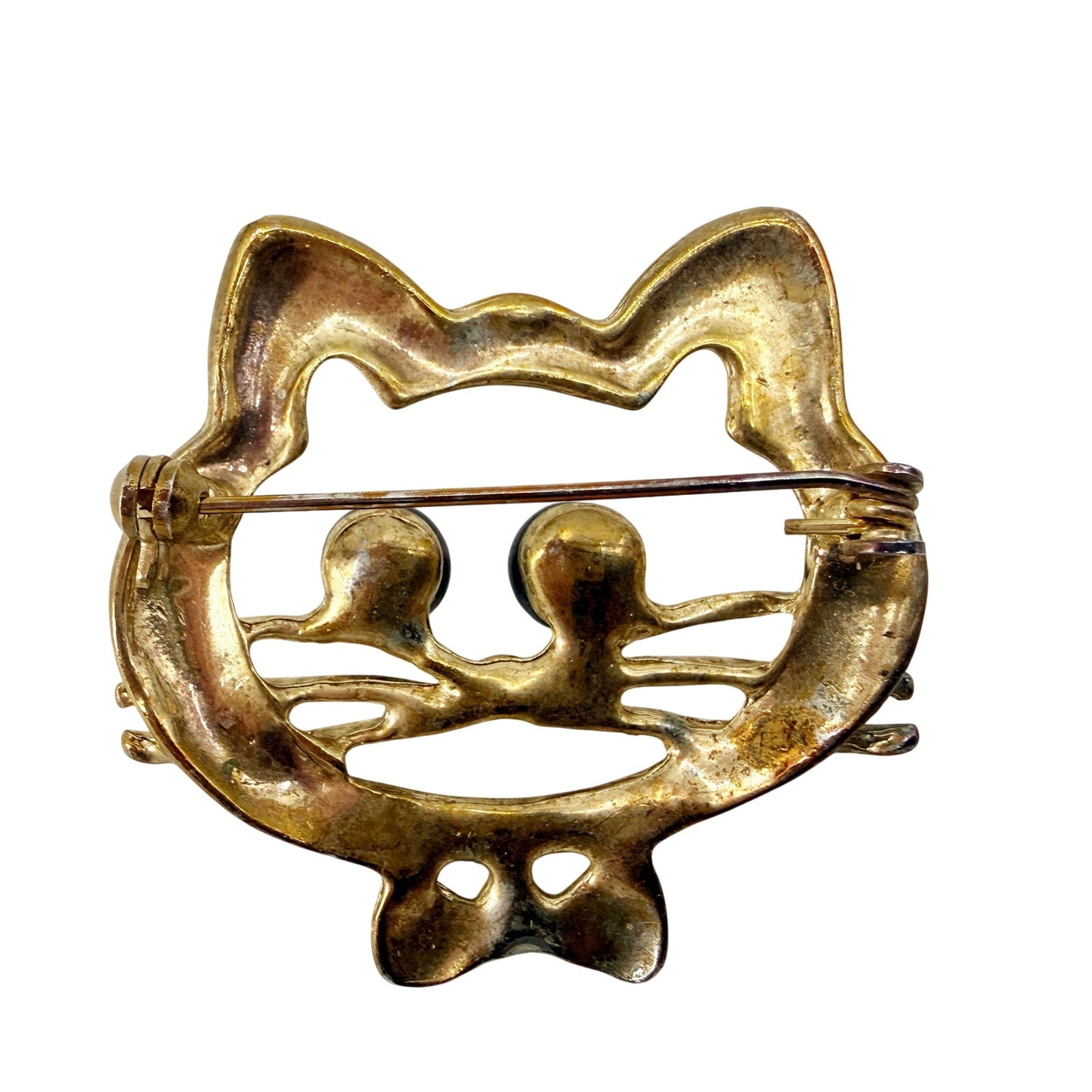 vintage gold & black kitty cat face head BROOCH jewelry pin bow tie bead eyes