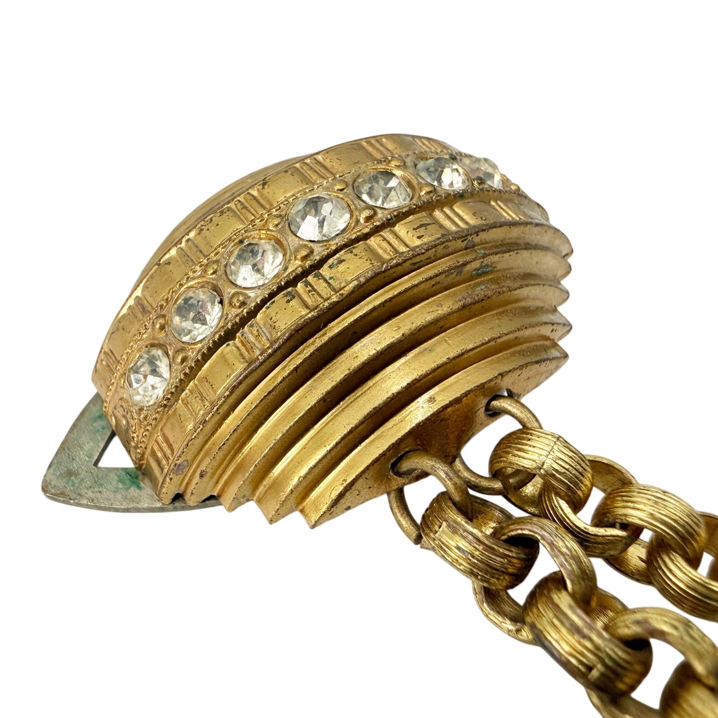 vintage gold clear rhinestones Double Dress Clip drape chain BROOCH jewelry pin
