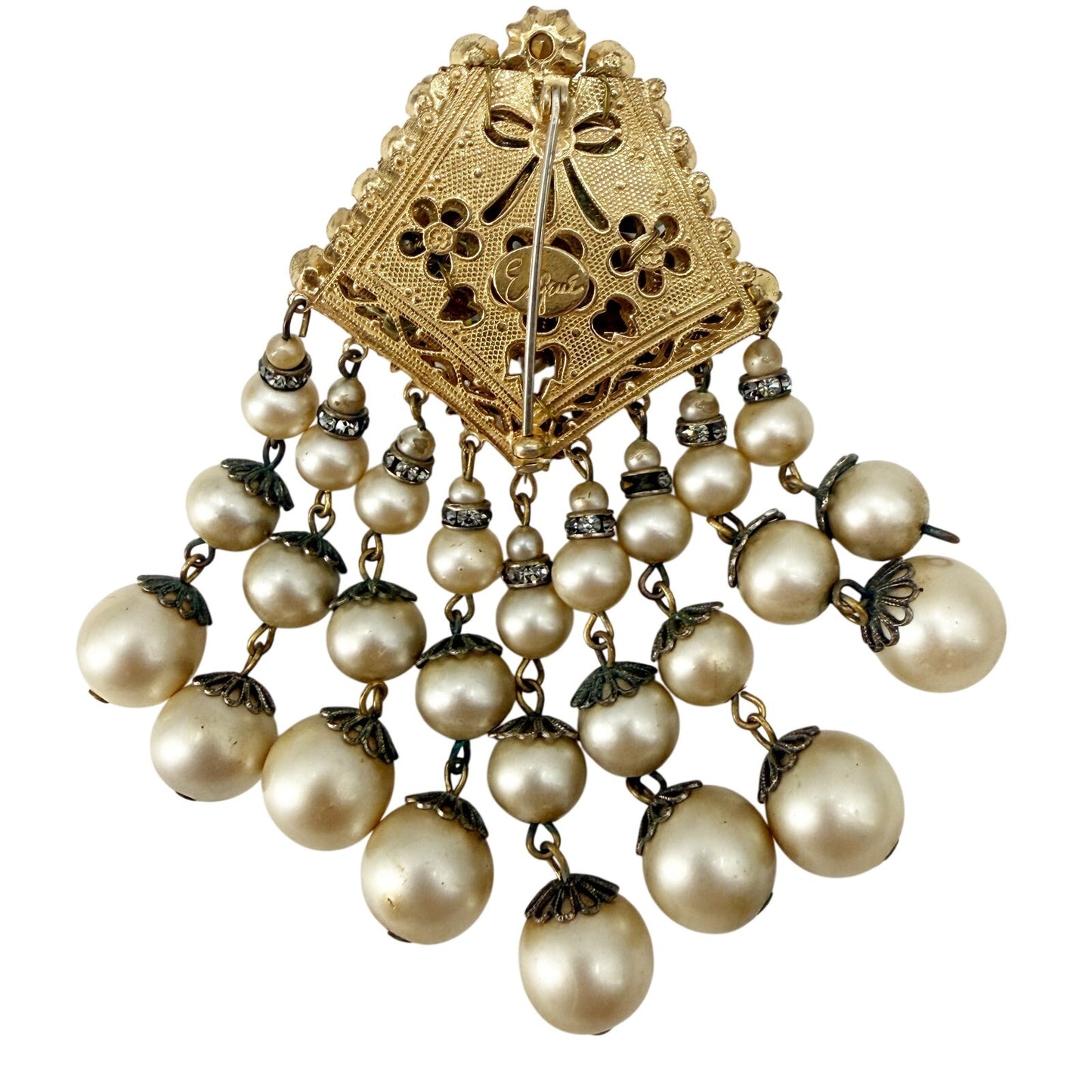 vintage Eugene gold & cascading faux pearls BROOCH floral costume jewelry pin