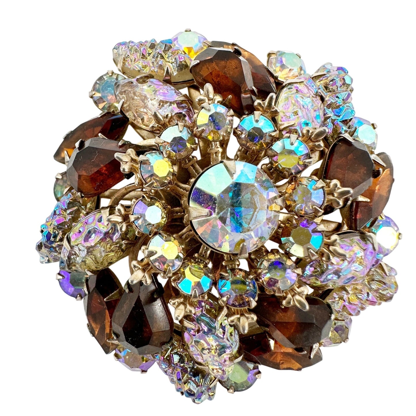 vintage gold & brown rhinestones sparkly BROOCH round jewelry pin *missing pin*