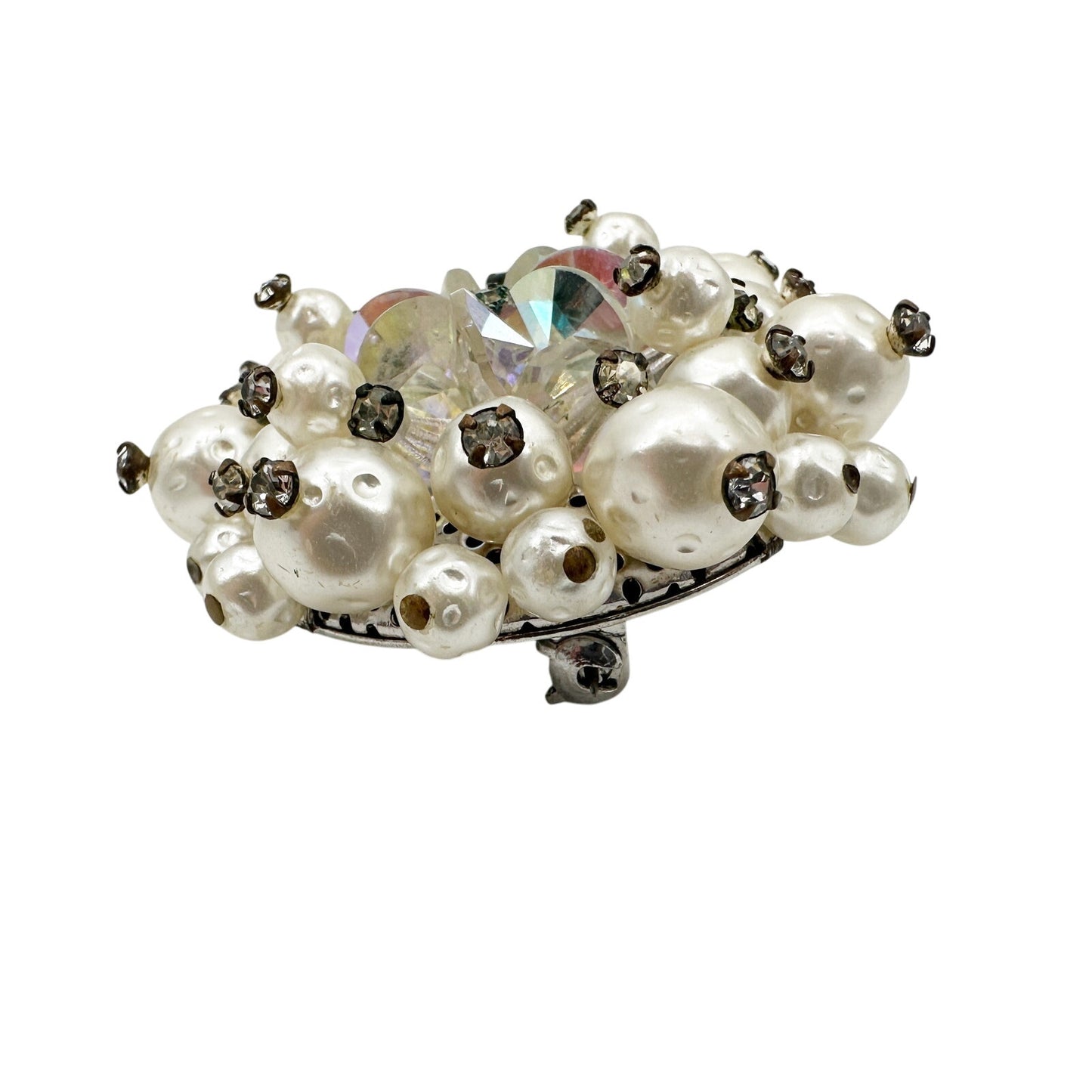 vintage pearls clear rhinestones iridescent BROOCH round jewelry pin