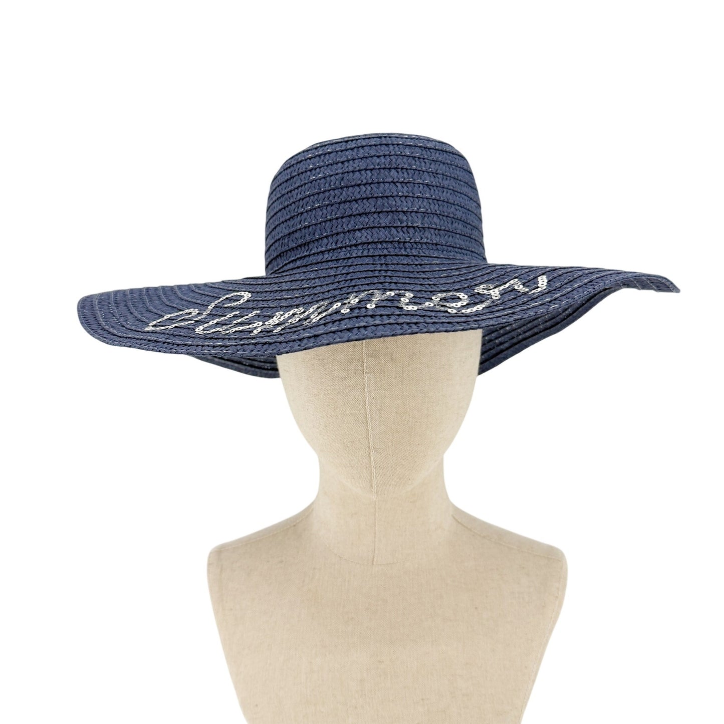 navy blue SUMMER silver sequins Floppy straw sun Hat beach shade coastal casual