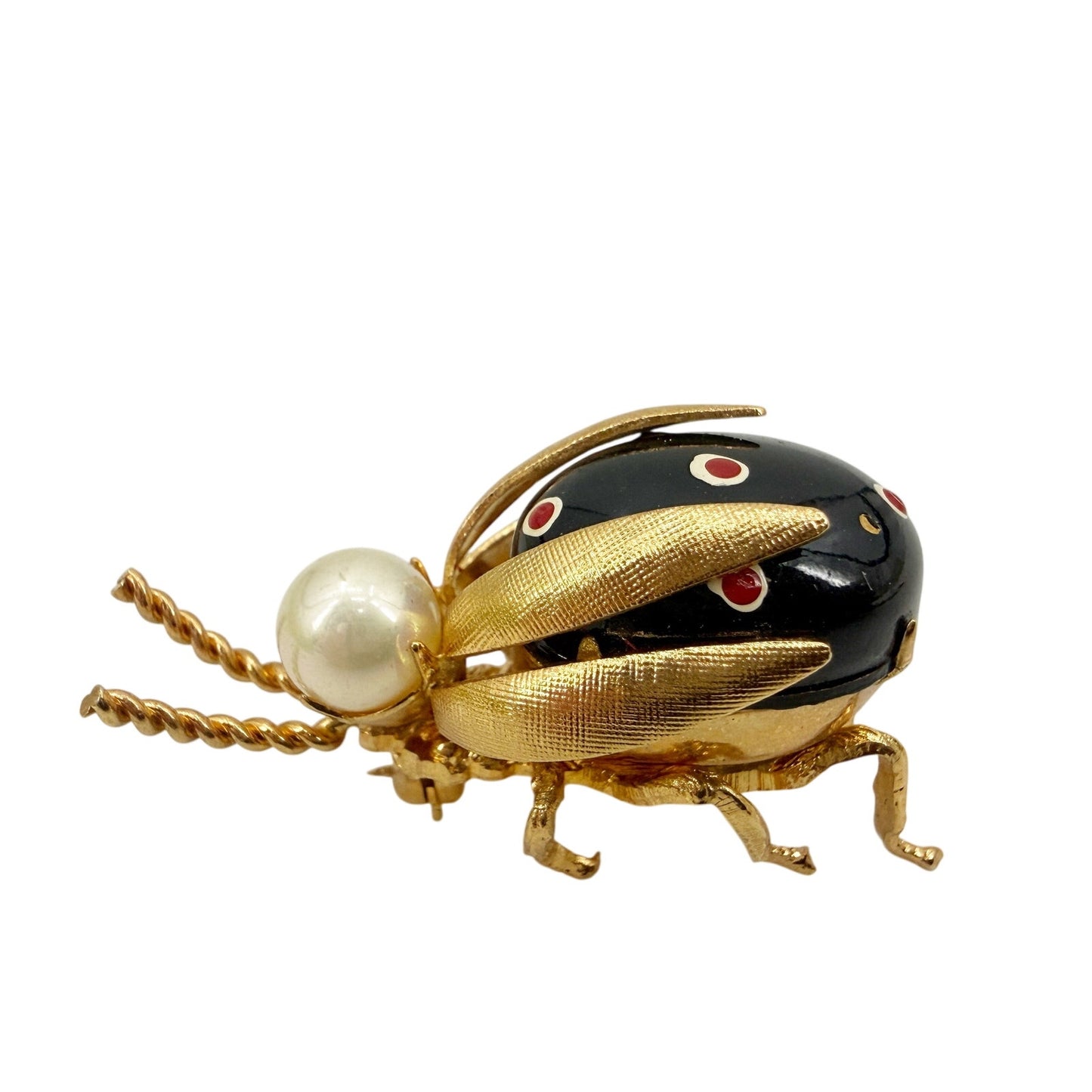 vintage black red & gold Beetle Bug BROOCH insect jewelry pin faux pearl