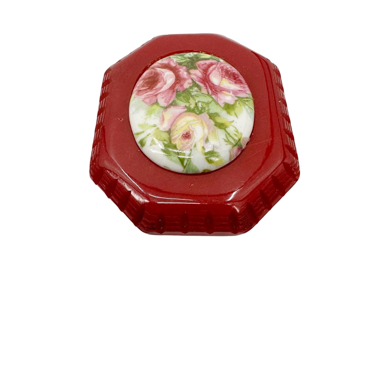 vintage red celluloid flower ceramic center octagon BROOCH floral jewelry pin