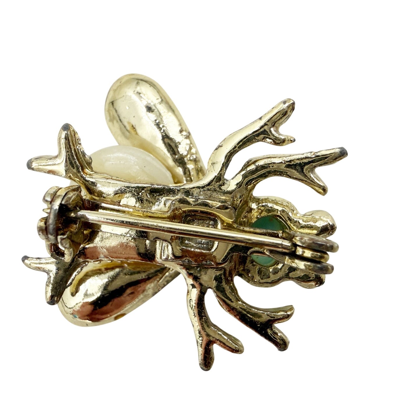 vintage aqua cabochon rhinestones gold Fly Bug BROOCH insect costume jewelry pin