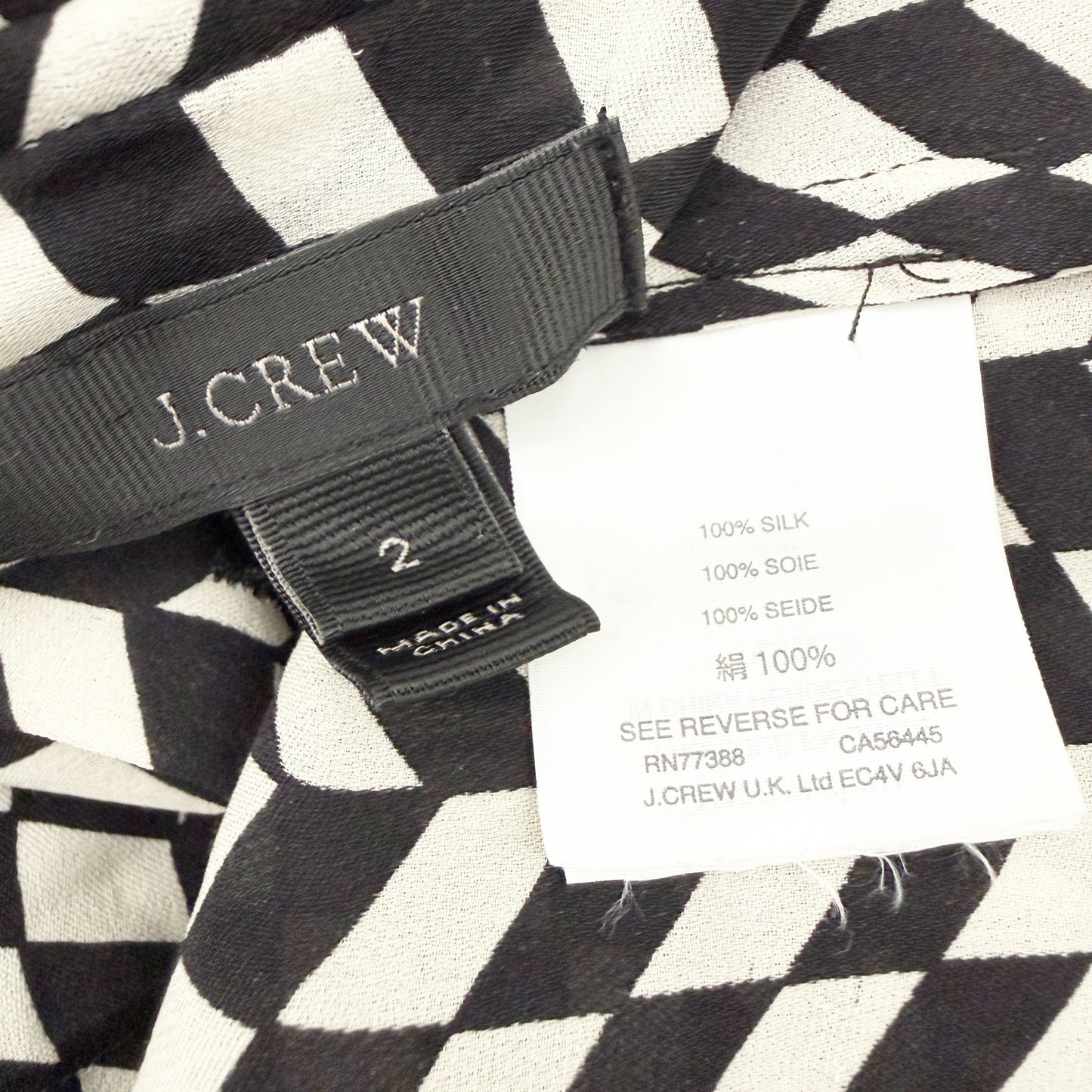 J.Crew black & white silk Button-Up Blouse womens 2 top XS geometric houndstooth