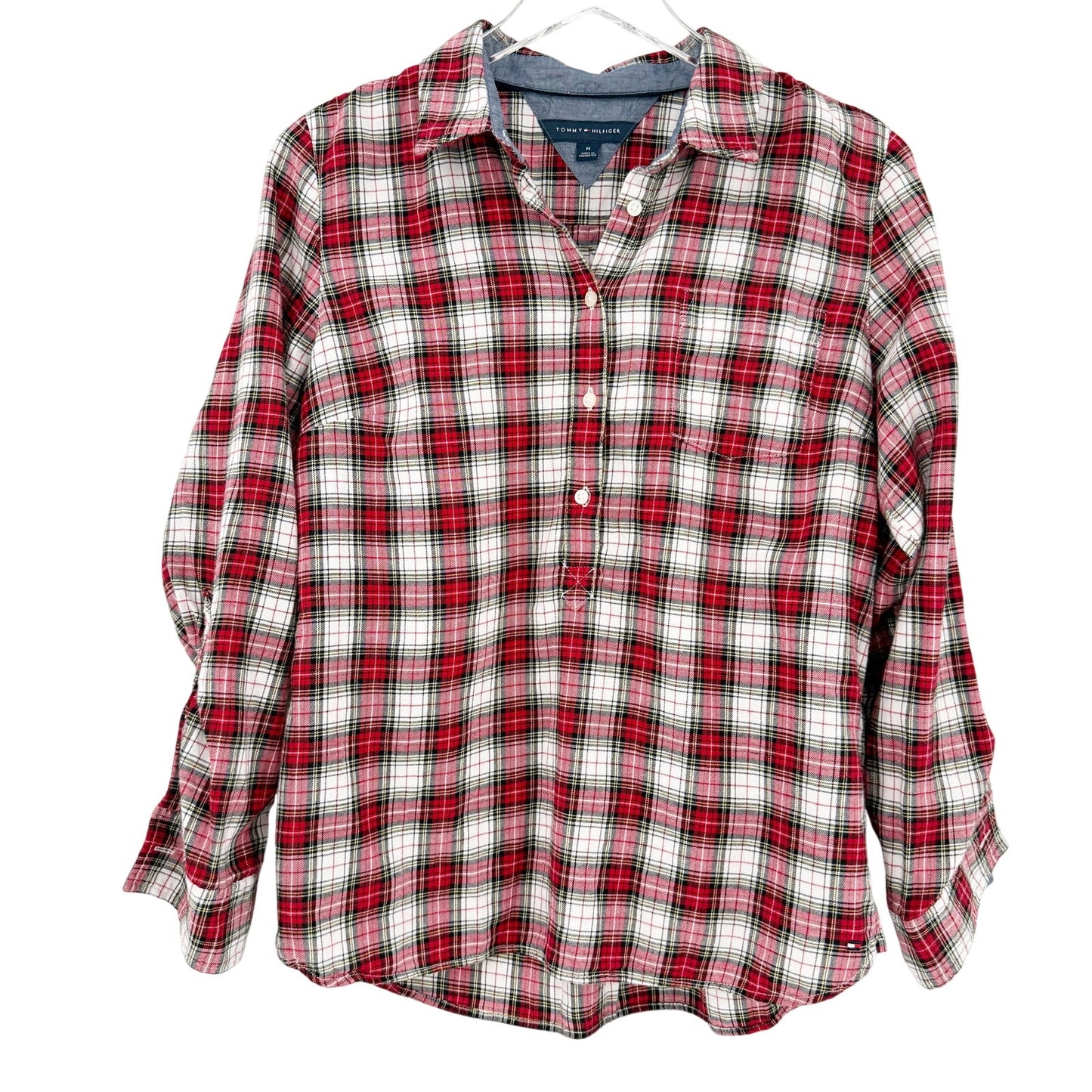 Tommy Hilfiger red white plaid Button Down Shirt women's MEDIUM flannel top