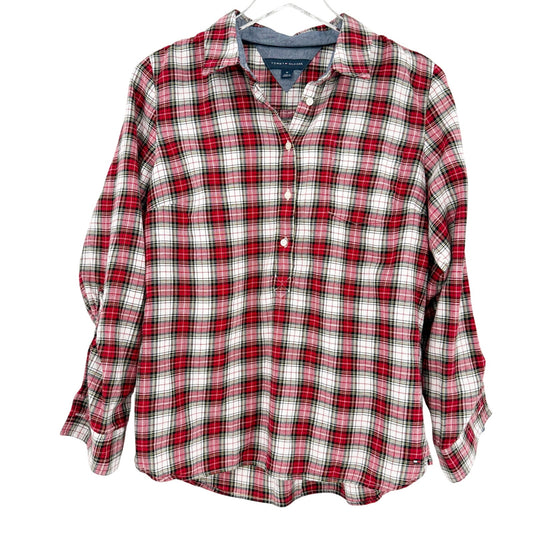 Tommy Hilfiger red white plaid Button Down Shirt women's MEDIUM flannel top