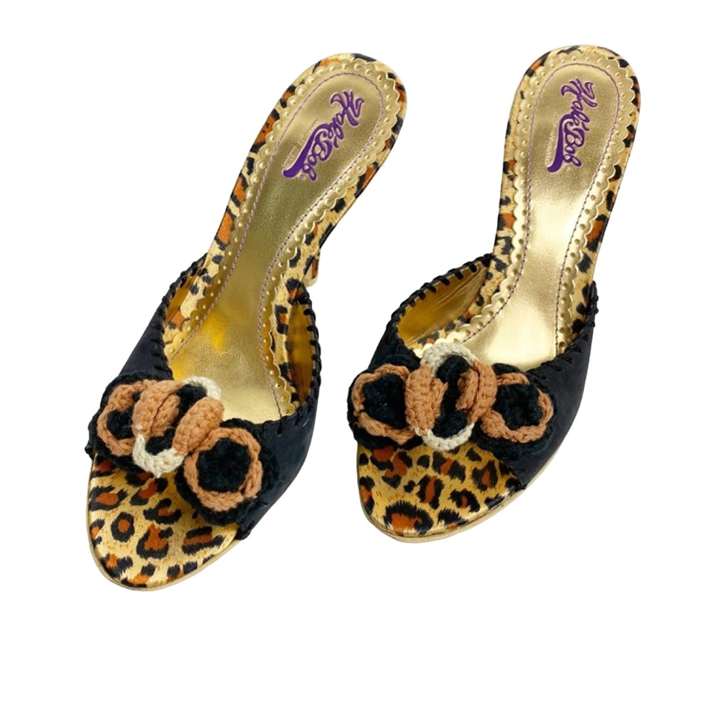 Hale Bob floral & leopard HEELS black brown crochet knit flowers size 7 M shoes