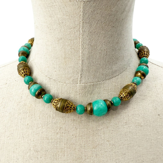vintage antique gold metal & glass turquoise green beads Necklace foxtail chain
