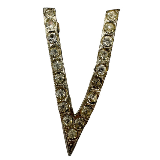 vintage "V" or arrow tip silver & clear rhinestones BROOCH jewelry pin